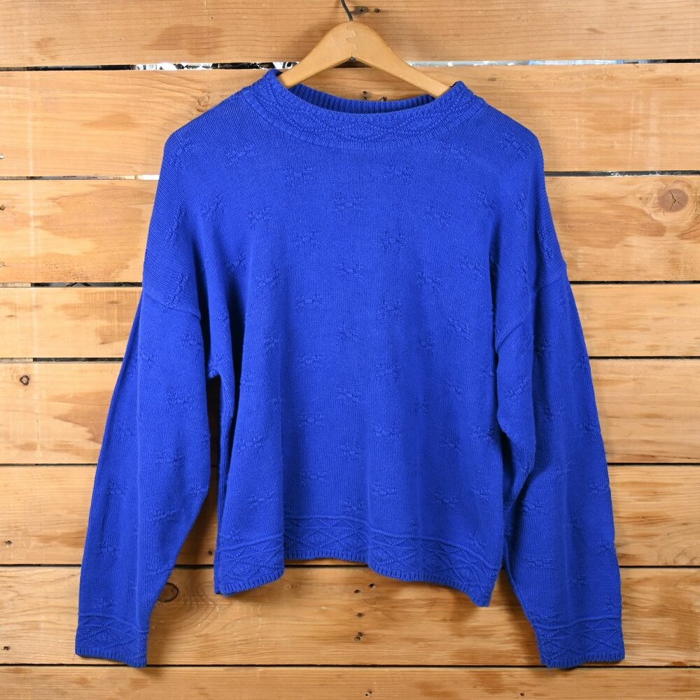 Vintage 90s Yarnworks 100% Cotton Knit Sweater in Blue - Size LG Made in USA